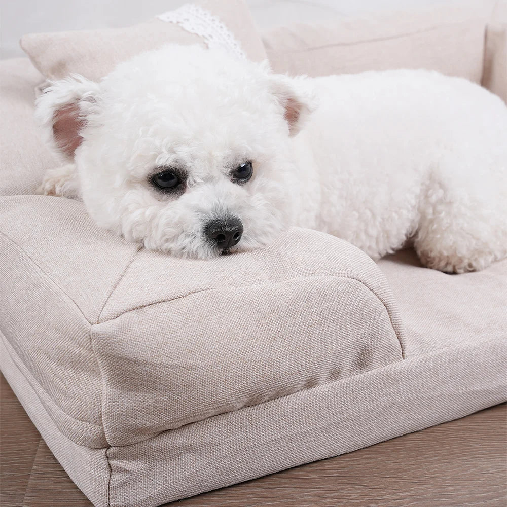 Close-up of linen-look fabric texture on apricot dog sofa bed — Sniff Waggle And Walk