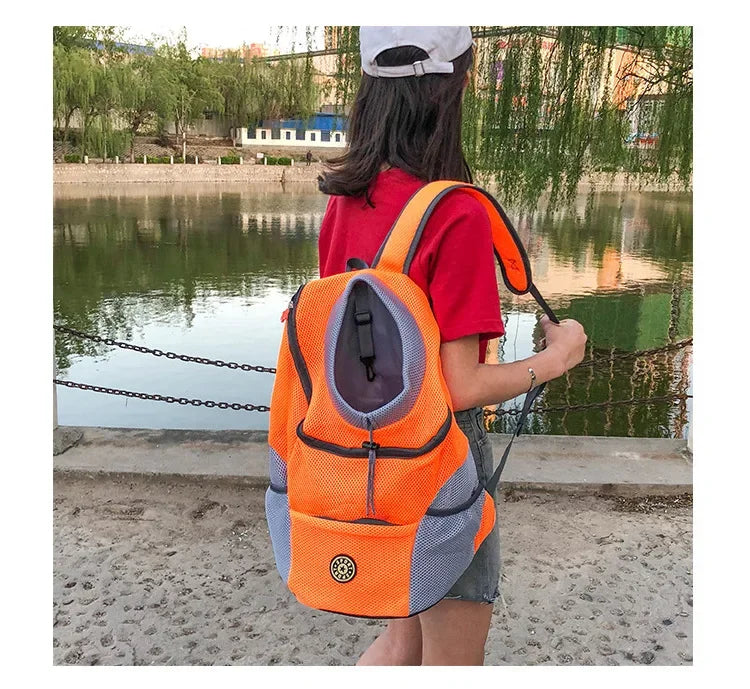 Person wearing an orange and gray dog carrier backpack by a lake