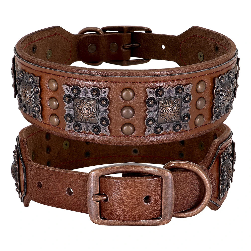 Brown leather wide dog collar with antique copper dome rivets and buckle on white background