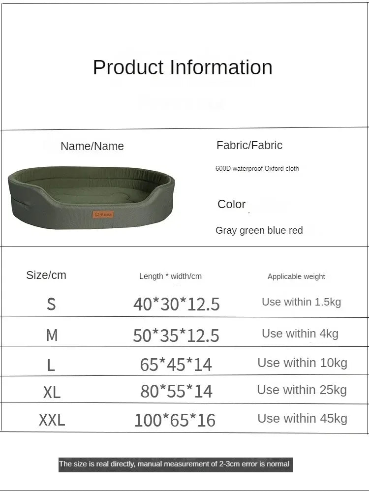 Product information table for a gray green blue red pet bed with size and weight capacity details.