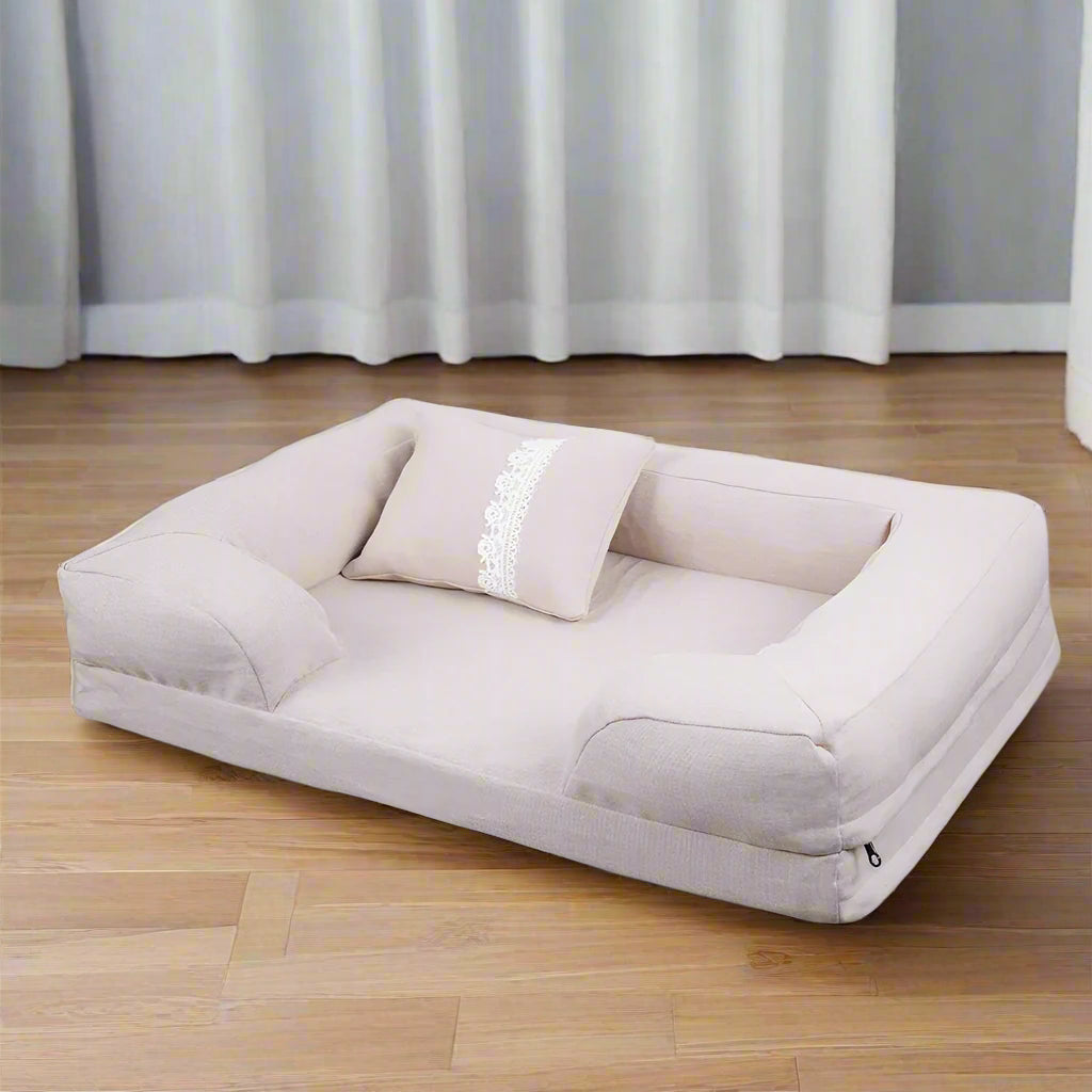 Linen-look sofa lounger dog bed in apricot — Sniff Waggle And Walk