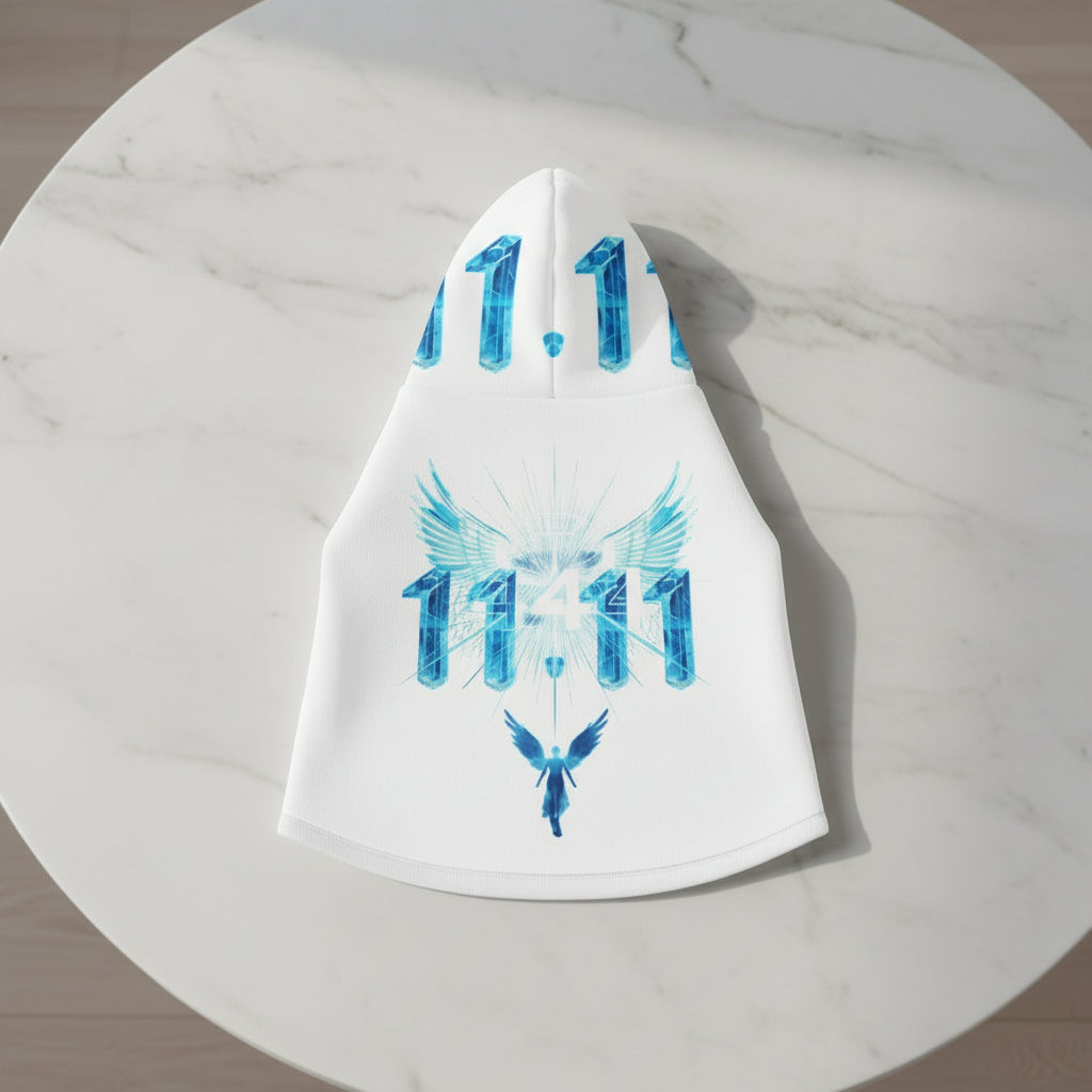 White pet hoodie with bold blue 11:11 manifestation print.