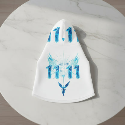 White pet hoodie with bold blue 11:11 manifestation print.