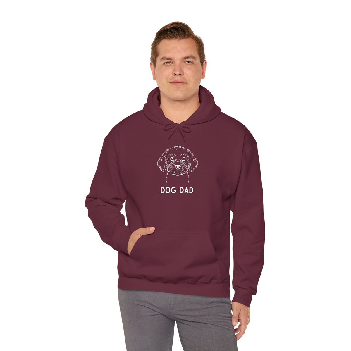 Maroon Cockapoo Dog Dad hoodie, curly teddy-bear coat line art
