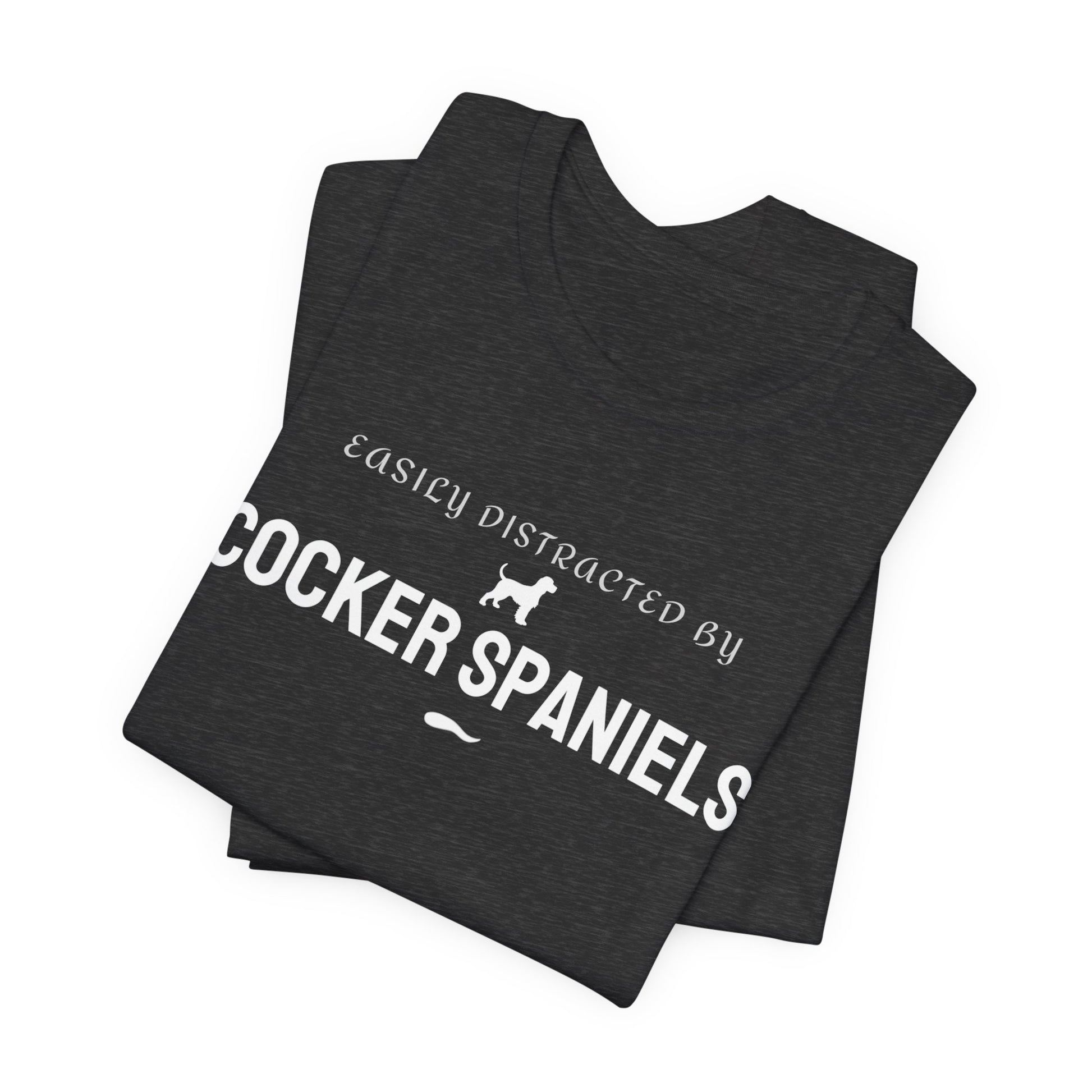 Maroon funny dog t-shirt with Easily Distracted by Cocker Spaniels design, gift for spaniel owners