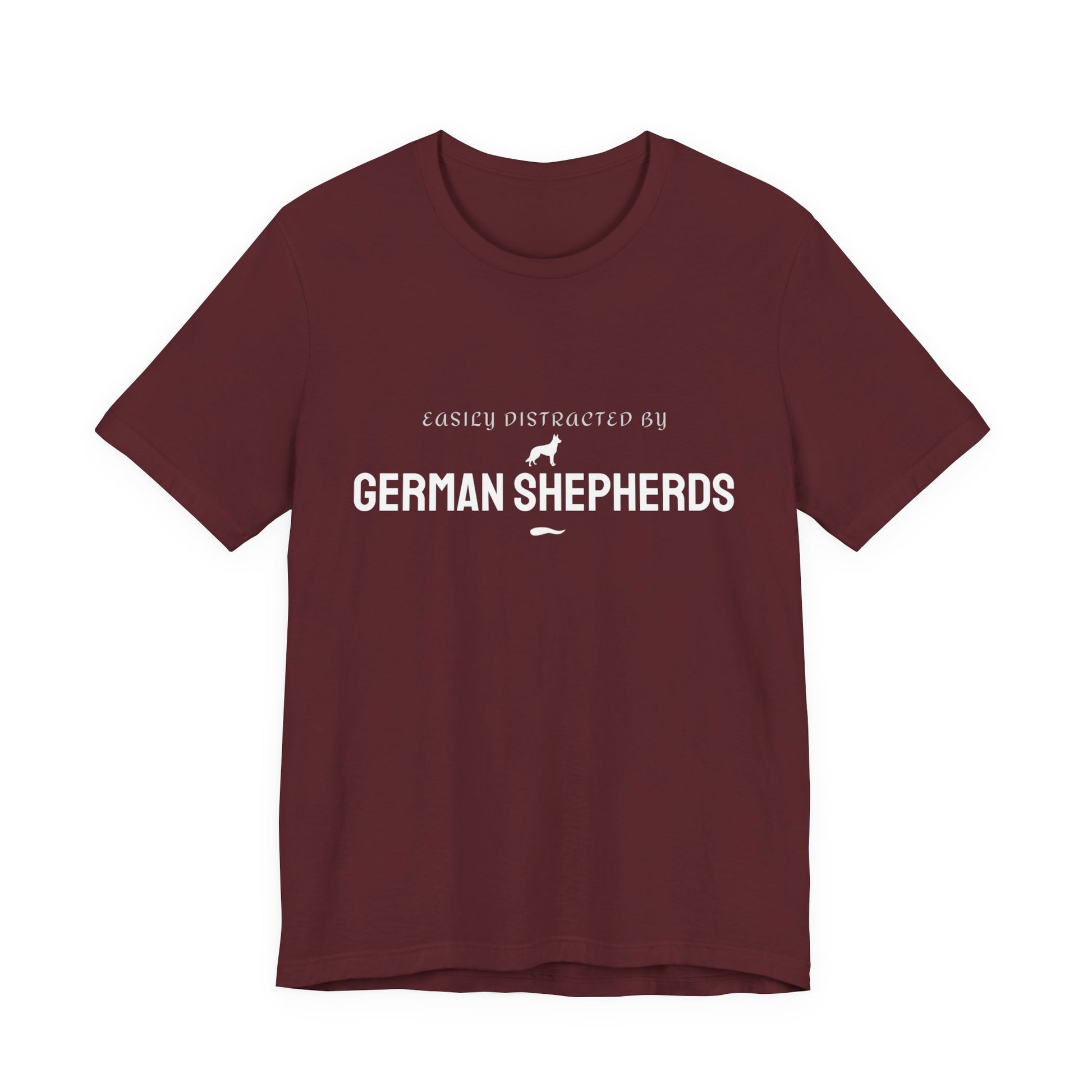Funny dog t-shirt in maroon featuring the Easily Distracted by German Shepherds design