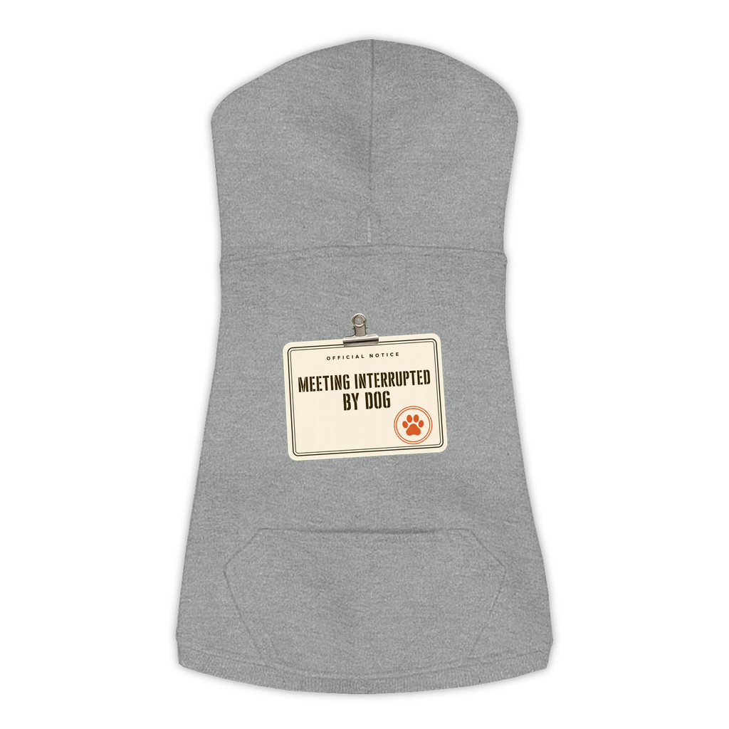 Meeting Interrupted By Dog funny dog hoodie in granite heather grey, sizes L to 3XL