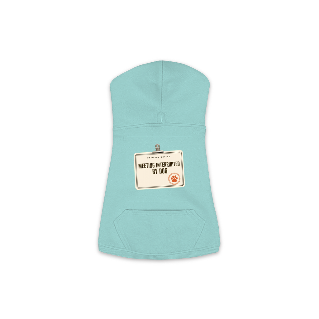 Meeting Interrupted By Dog hoodie in saltwater blue, sizes XS to M
