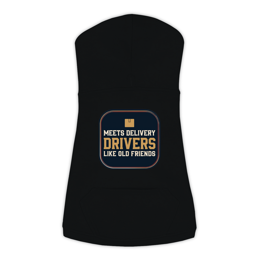 Meets Delivery Drivers funny dog hoodie in black, sizes L to 3XL