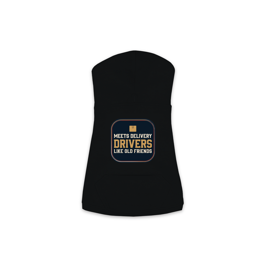 Meets Delivery Drivers dog hoodie in black, sizes XS to M