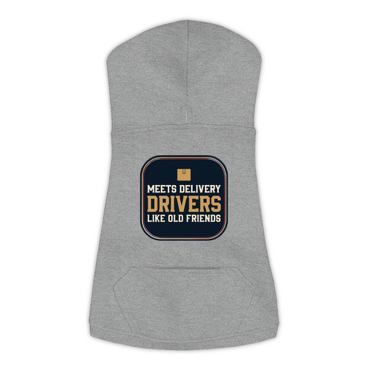 Meets Delivery Drivers funny dog hoodie in granite heather grey, sizes L to 3XL