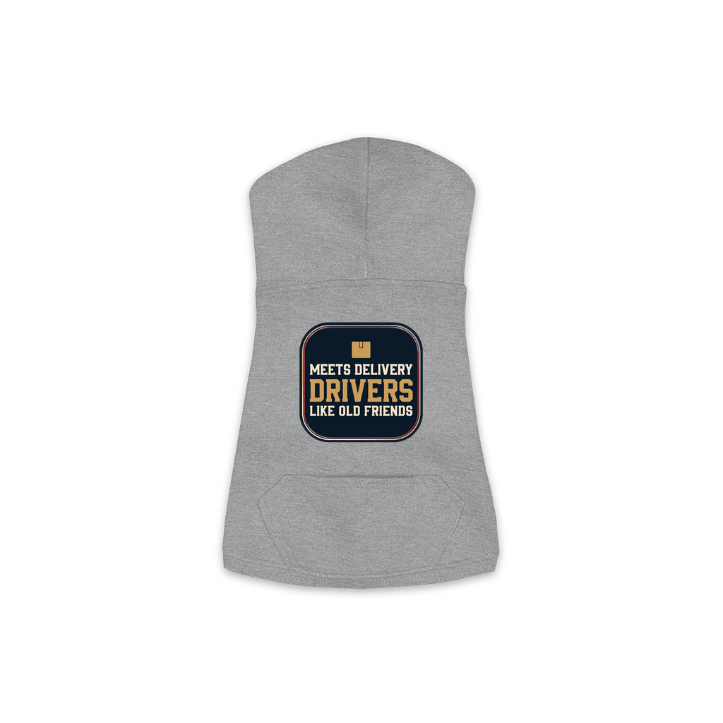 Meets Delivery Drivers dog hoodie in granite heather grey, sizes XS to M