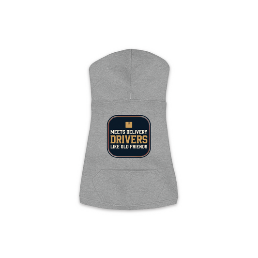 Meets Delivery Drivers dog hoodie in granite heather grey, sizes XS to M