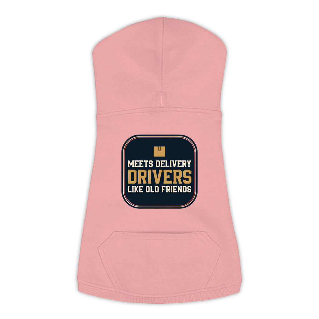 Meets Delivery Drivers funny dog hoodie in mauvelous pink, sizes L to 3XL