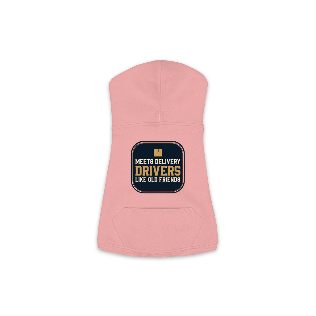Meets Delivery Drivers dog hoodie in mauvelous pink, sizes XS to M
