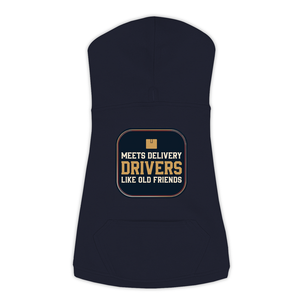 Meets Delivery Drivers funny dog hoodie in navy, sizes L to 3XL