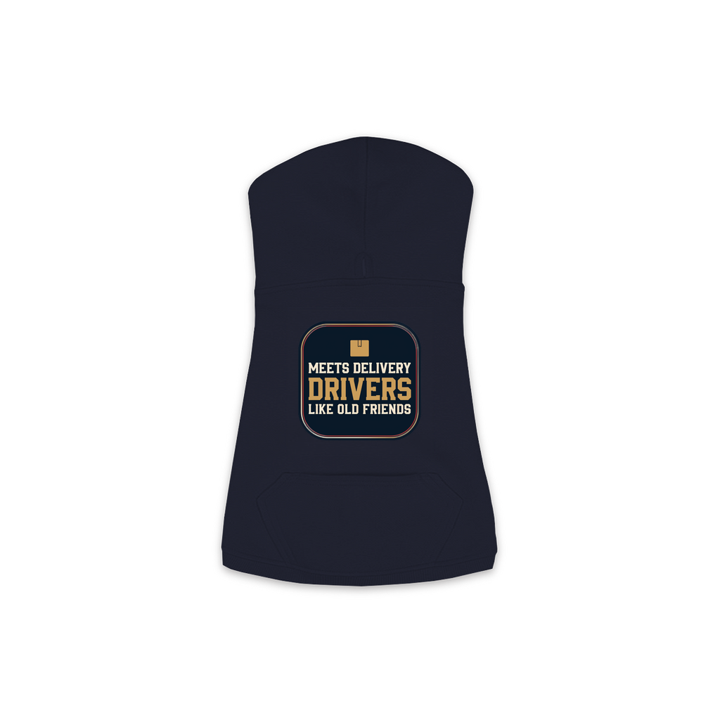 Meets Delivery Drivers dog hoodie in navy, sizes XS to M