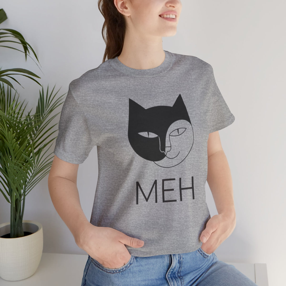Meh Cat minimalist t-shirt in athletic heather, front view