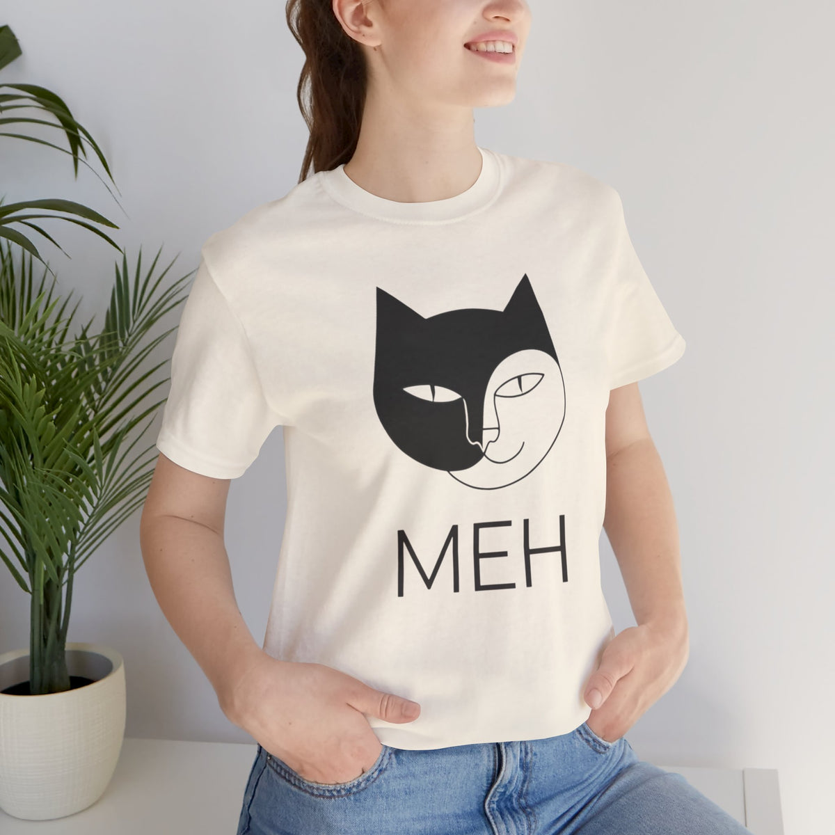Meh Cat minimalist t-shirt in natural, front view
