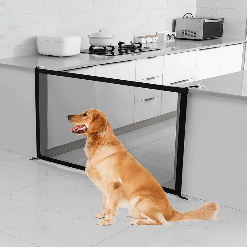 MeshGuard mesh pet safety gate mounted in a doorway, black, 78x180cm