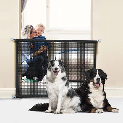 MeshGuard pet gate installed without nails or screws in a doorway