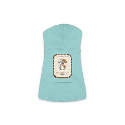 Missed You dog hoodie in saltwater blue, sizes XS to M