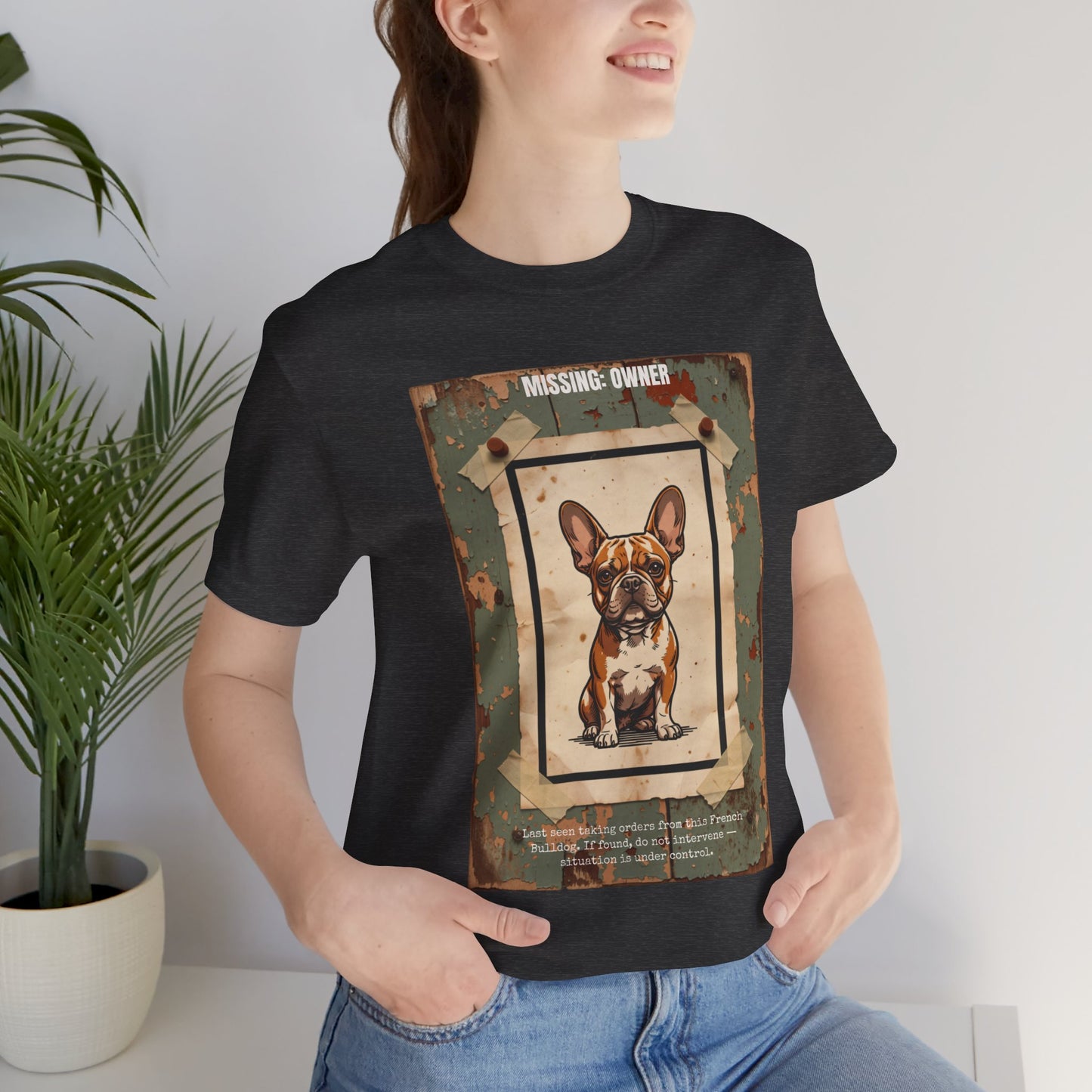 Missing: Owner French Bulldog vintage poster print t-shirt, view 1