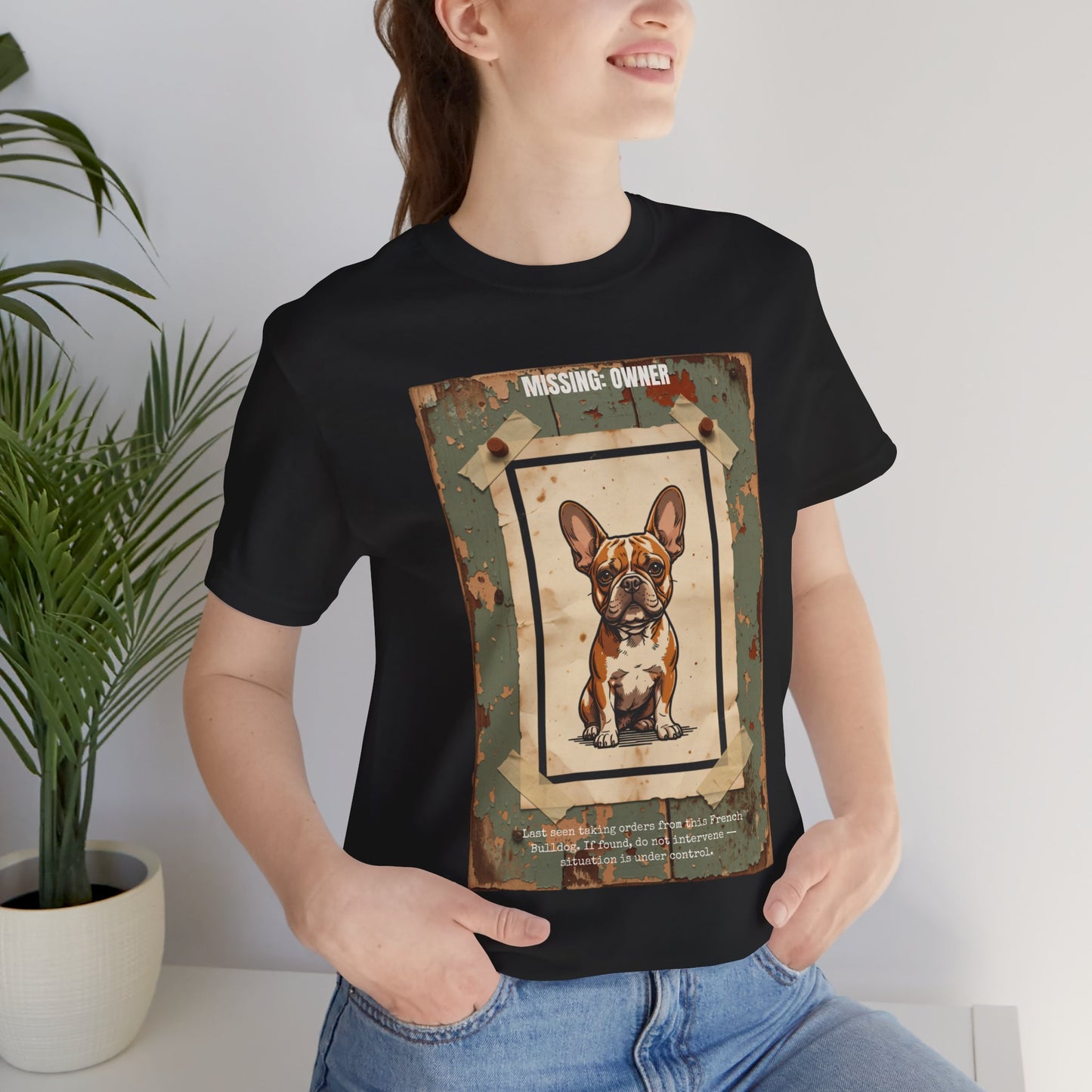 Missing: Owner French Bulldog vintage poster print t-shirt, view 2