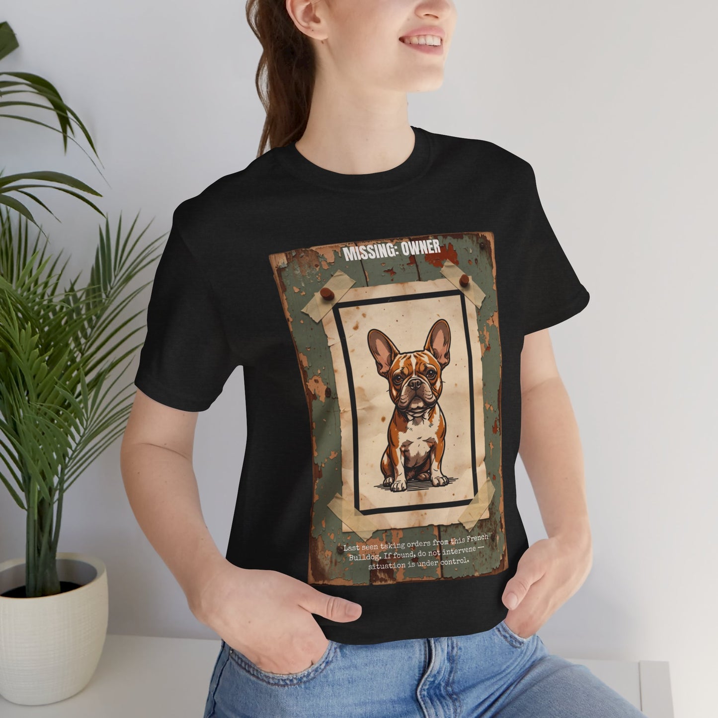 Missing: Owner French Bulldog vintage poster print t-shirt, view 3