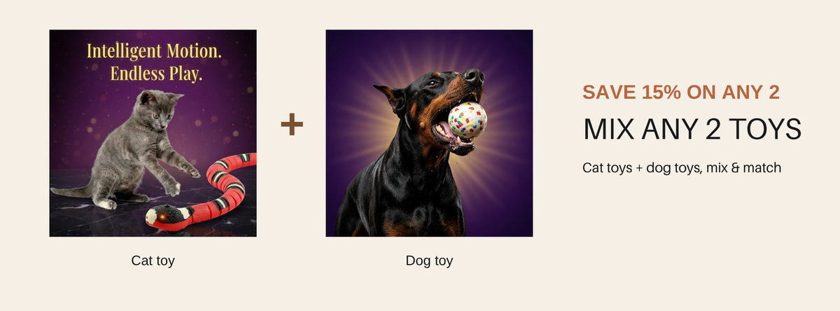 Mix any 2 toys offer banner, save 15% on any 2 cat or dog toys — SniffWaggleNWalk™