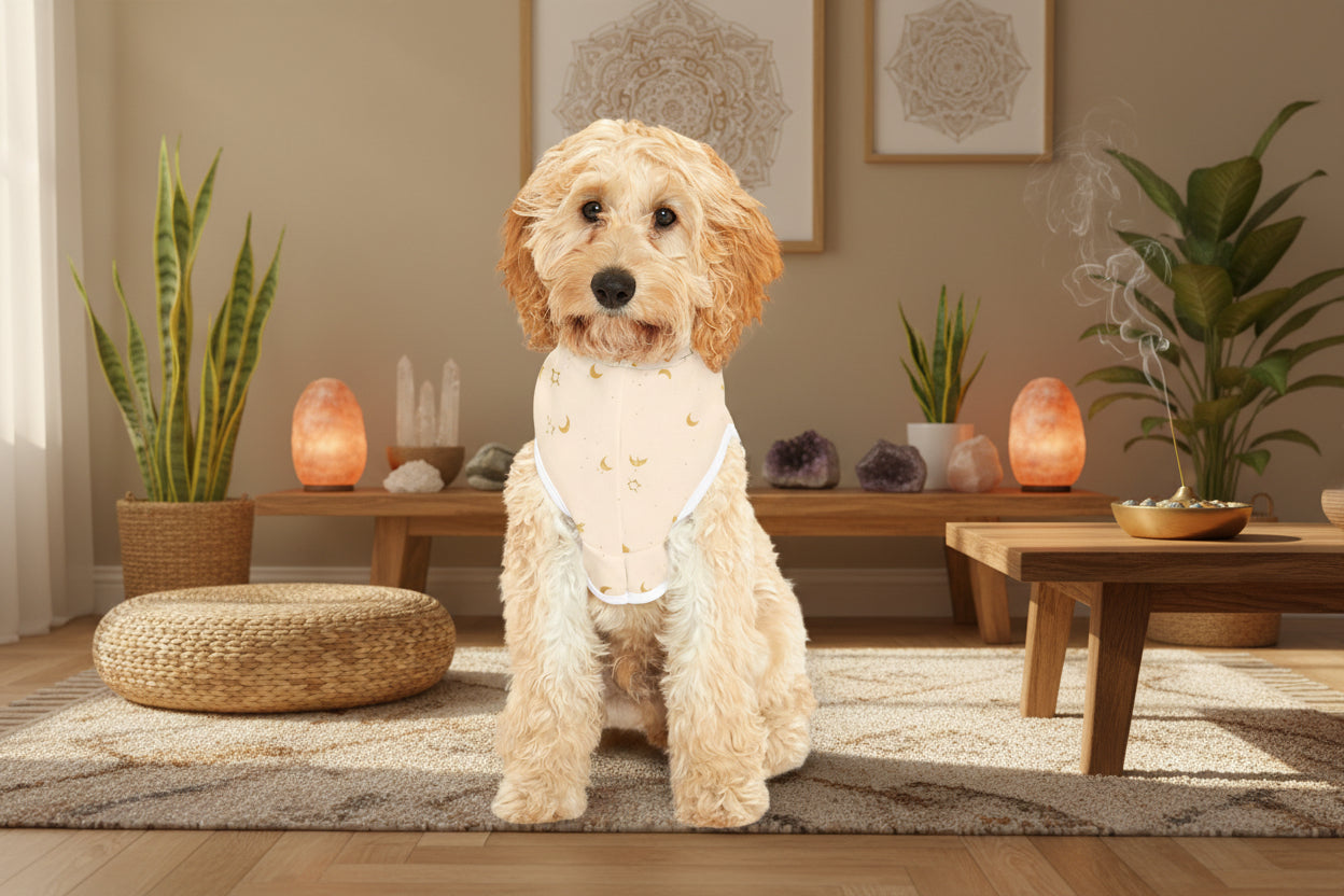 Soft polyester fabric detail on moon and star dog hoodie