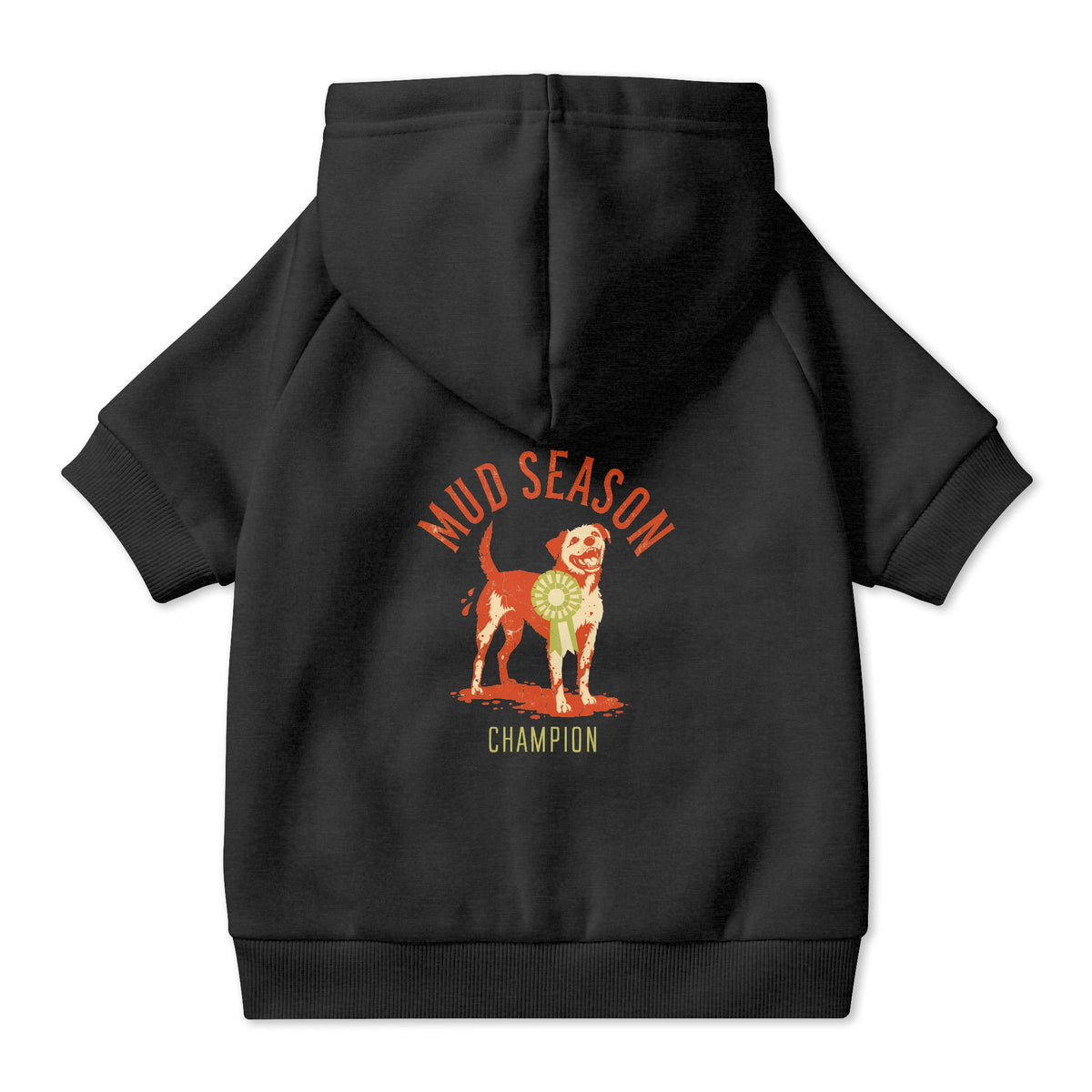 Mud Season Champion Dog Hoodie in Black, back view — SniffWaggleNWalk™