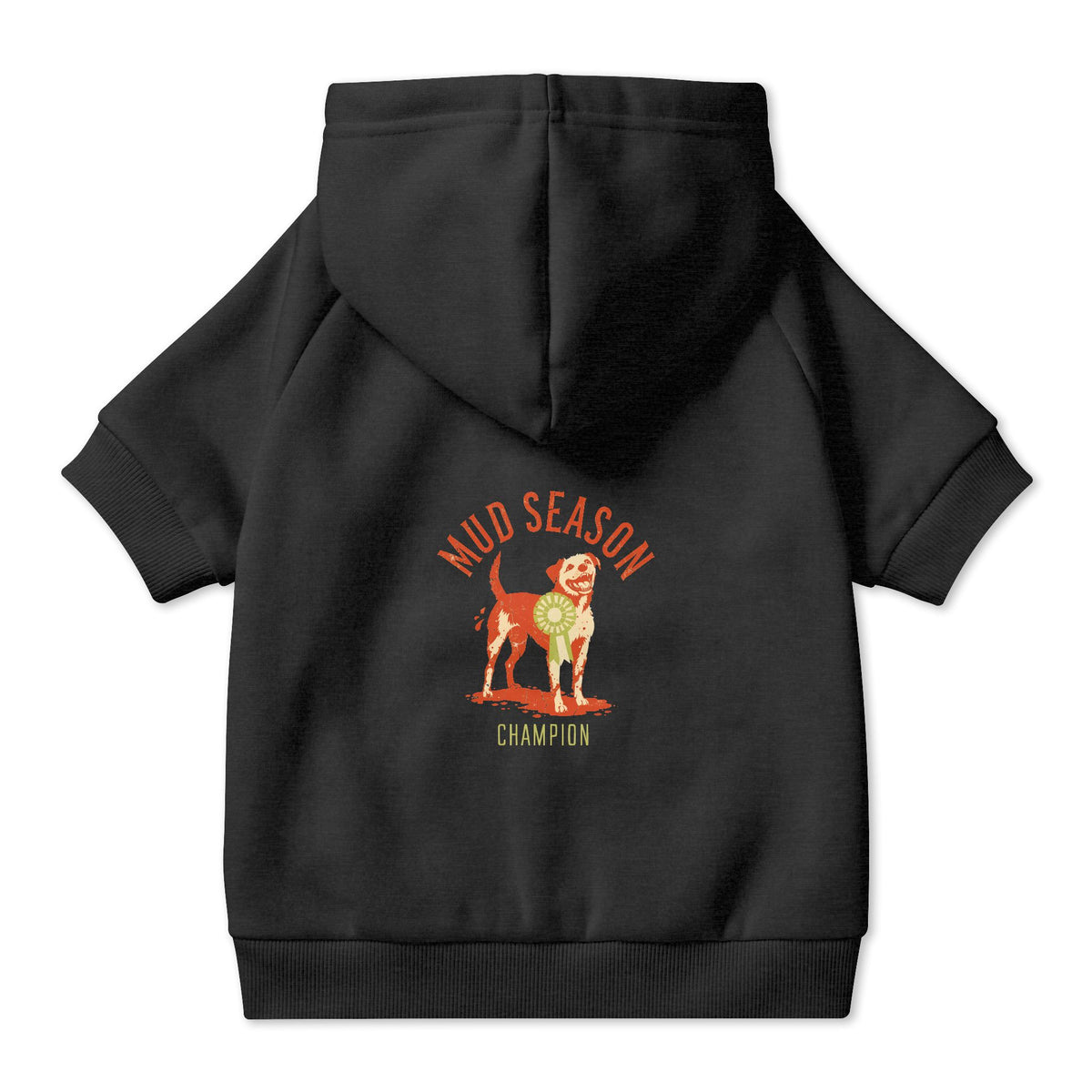 Mud Season Champion Dog Hoodie in Black, back view — SniffWaggleNWalk™
