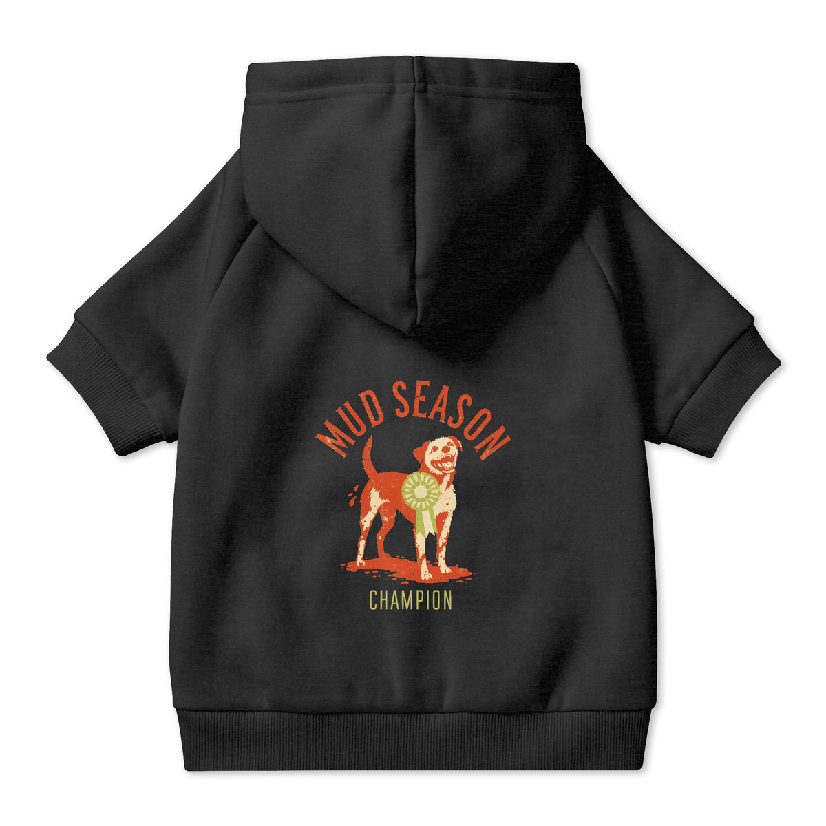 Mud Season Champion Dog Hoodie in Black, back view — SniffWaggleNWalk™