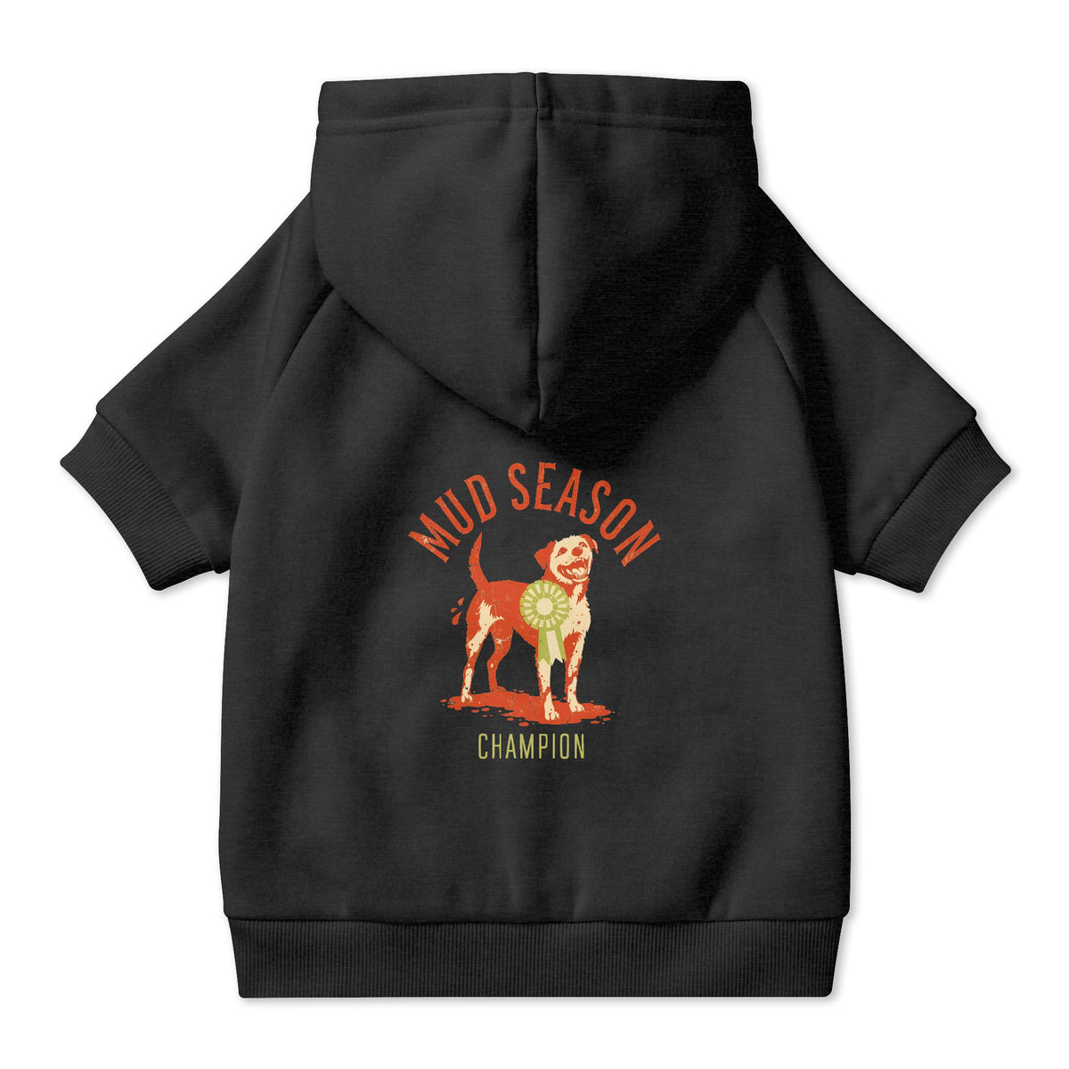 Mud Season Champion Dog Hoodie in Black, back view — SniffWaggleNWalk™