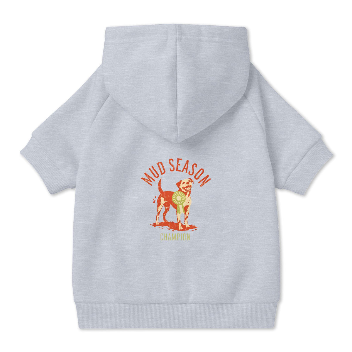 Mud Season Champion Dog Hoodie in Grey, back view — SniffWaggleNWalk™