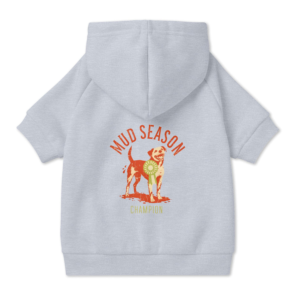 Mud Season Champion Dog Hoodie in Grey, back view — SniffWaggleNWalk™