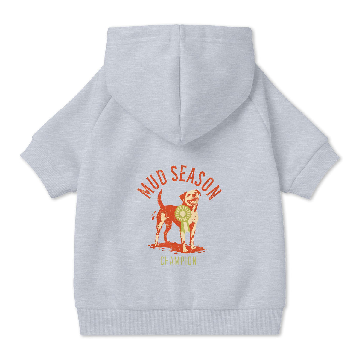 Mud Season Champion Dog Hoodie in Grey, back view — SniffWaggleNWalk™