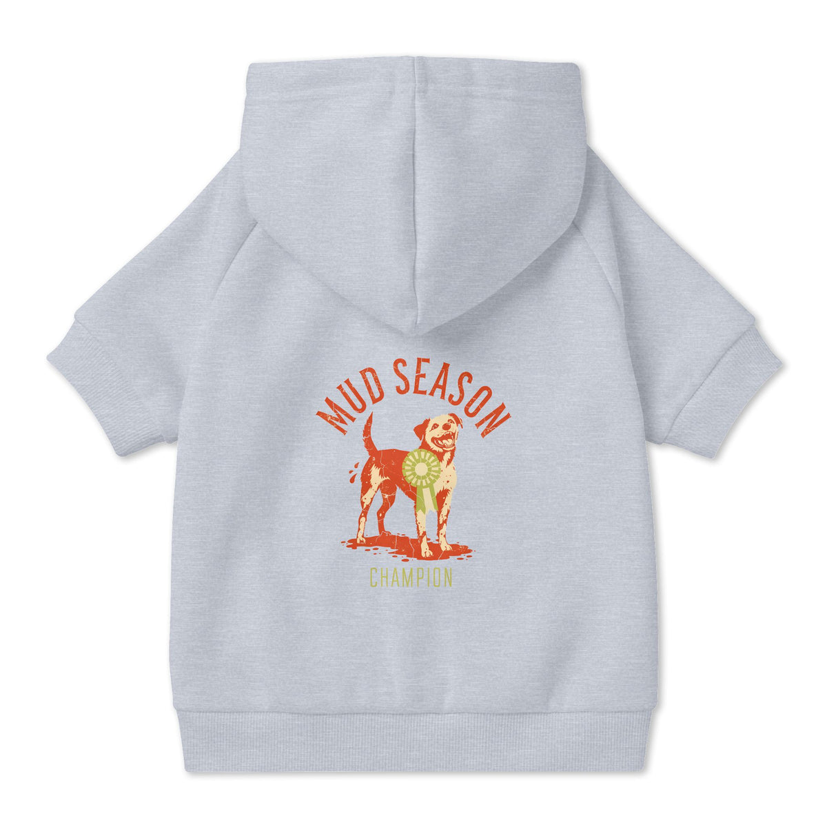 Mud Season Champion Dog Hoodie in Grey, back view — SniffWaggleNWalk™