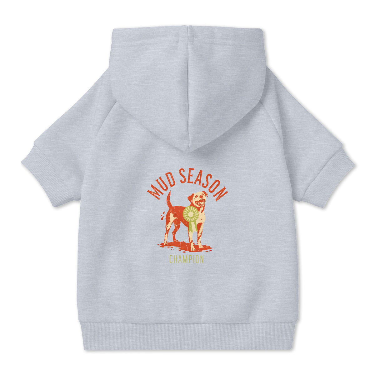 Mud Season Champion Dog Hoodie in Grey, back view — SniffWaggleNWalk™