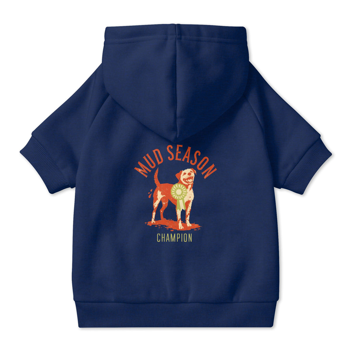 Mud Season Champion Dog Hoodie in Navy, back view — SniffWaggleNWalk™