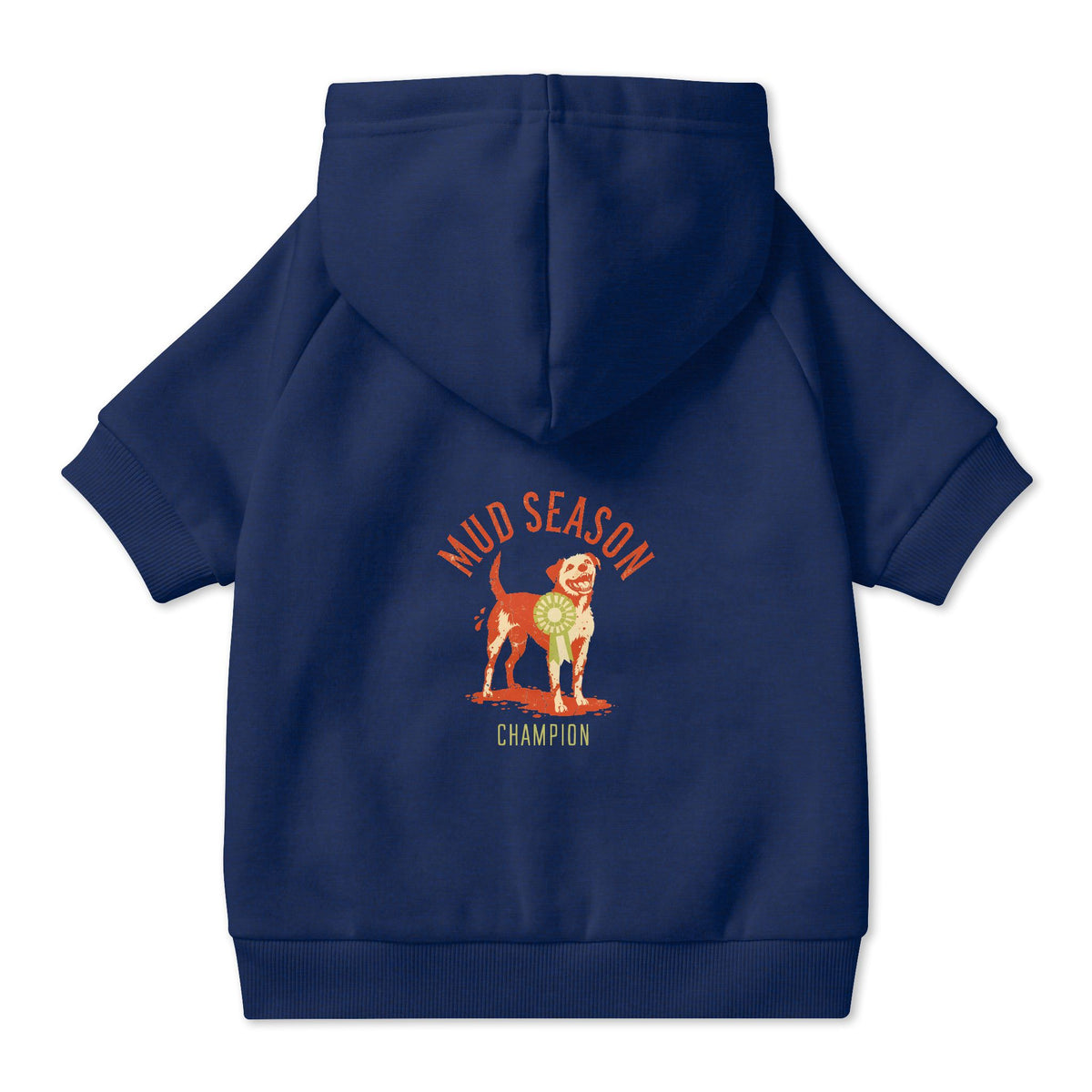 Mud Season Champion Dog Hoodie in Navy, back view — SniffWaggleNWalk™