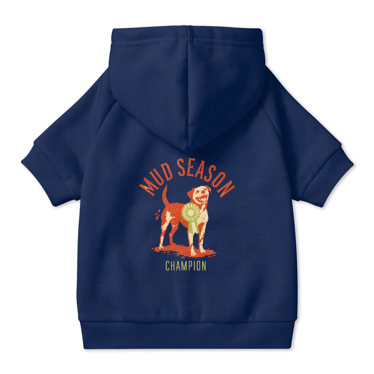 Mud Season Champion Dog Hoodie in Navy, back view — SniffWaggleNWalk™