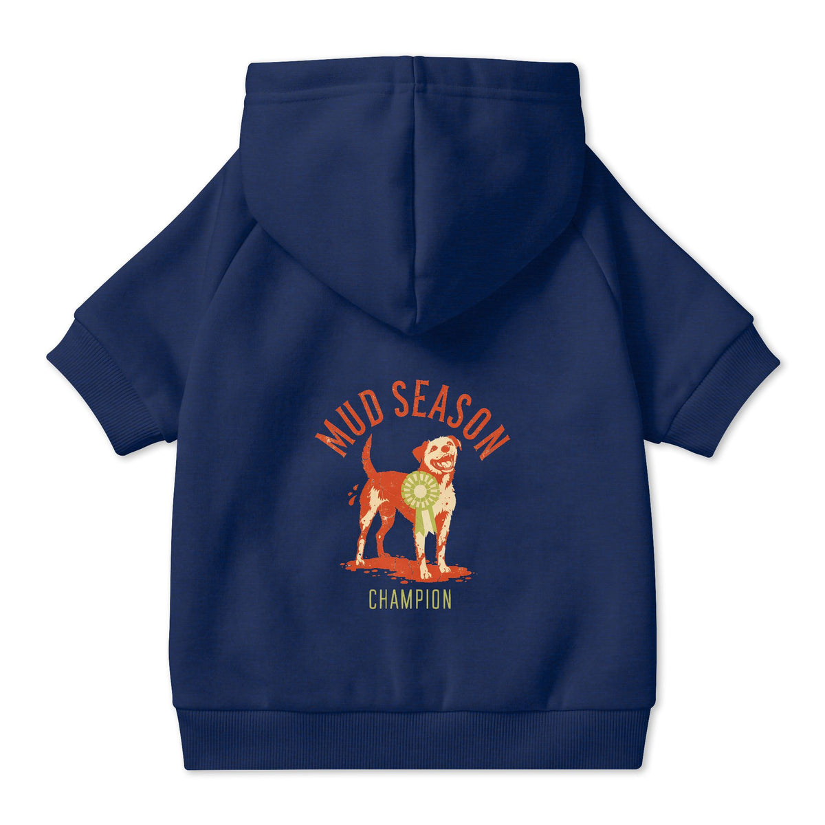 Mud Season Champion Dog Hoodie in Navy, back view — SniffWaggleNWalk™