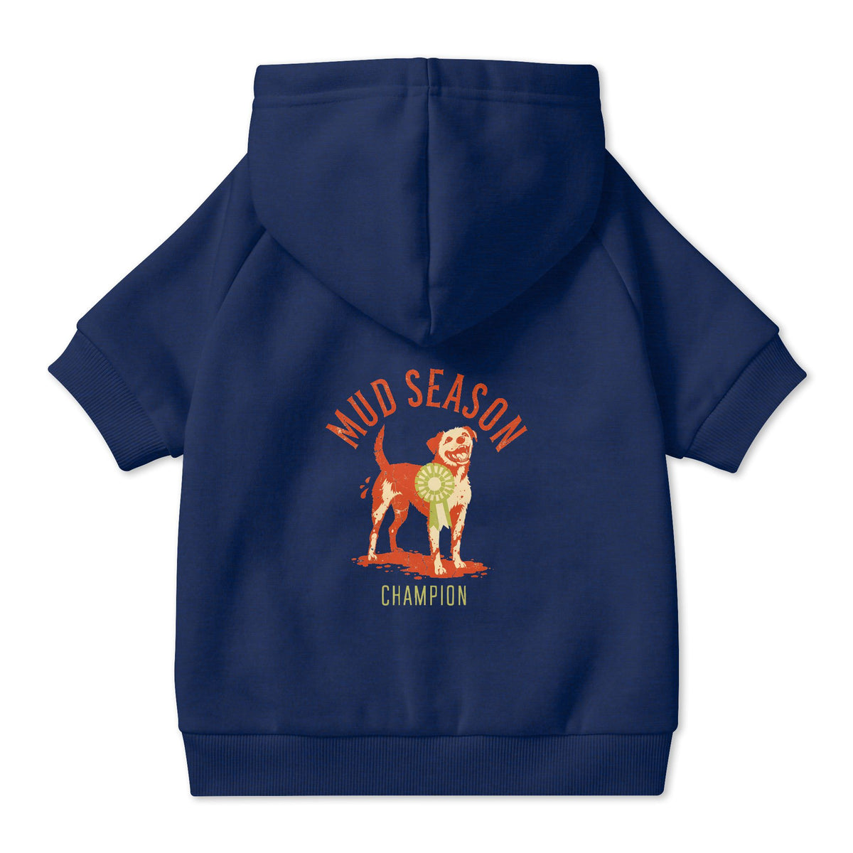 Mud Season Champion Dog Hoodie in Navy, back view — SniffWaggleNWalk™
