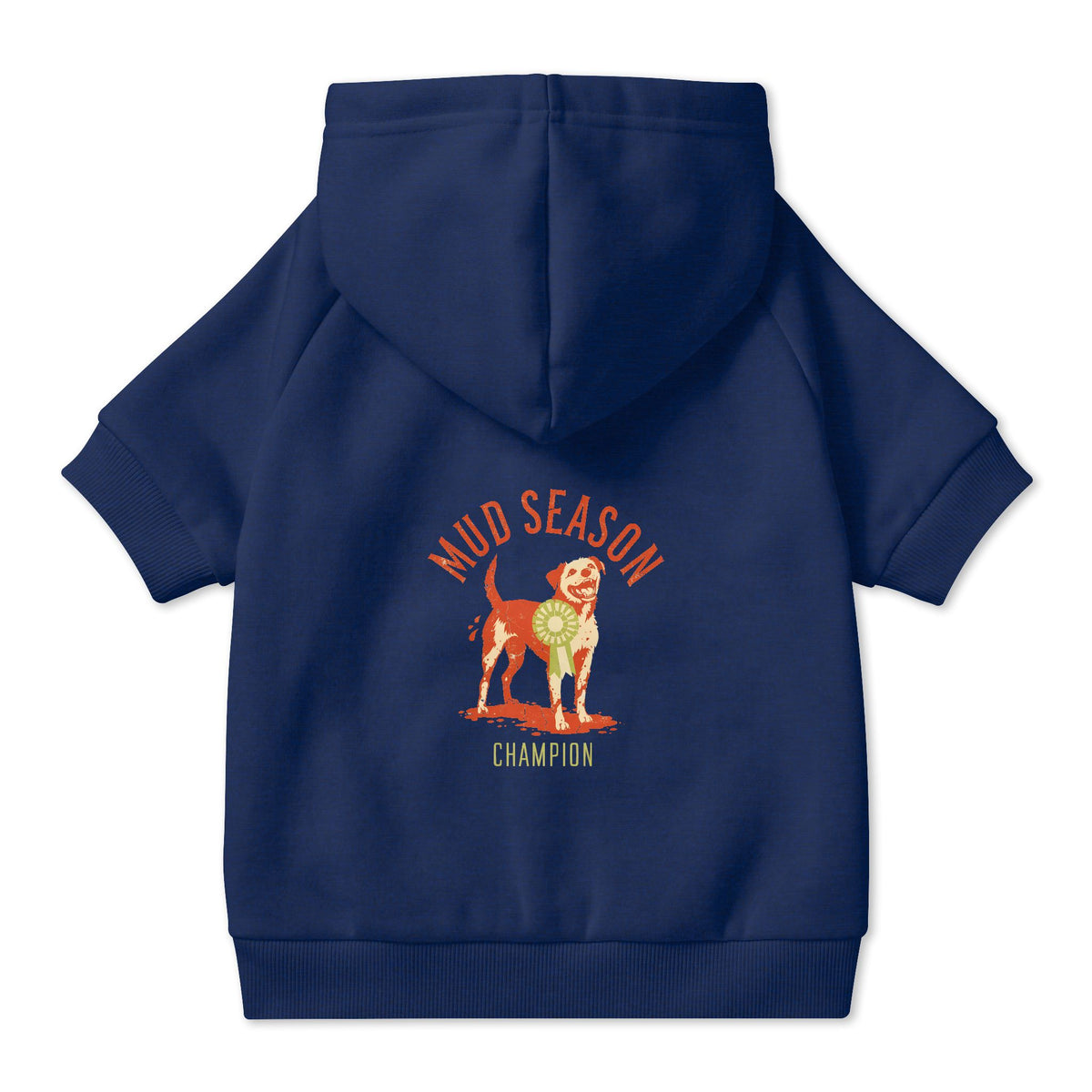 Mud Season Champion Dog Hoodie in Navy, back view — SniffWaggleNWalk™