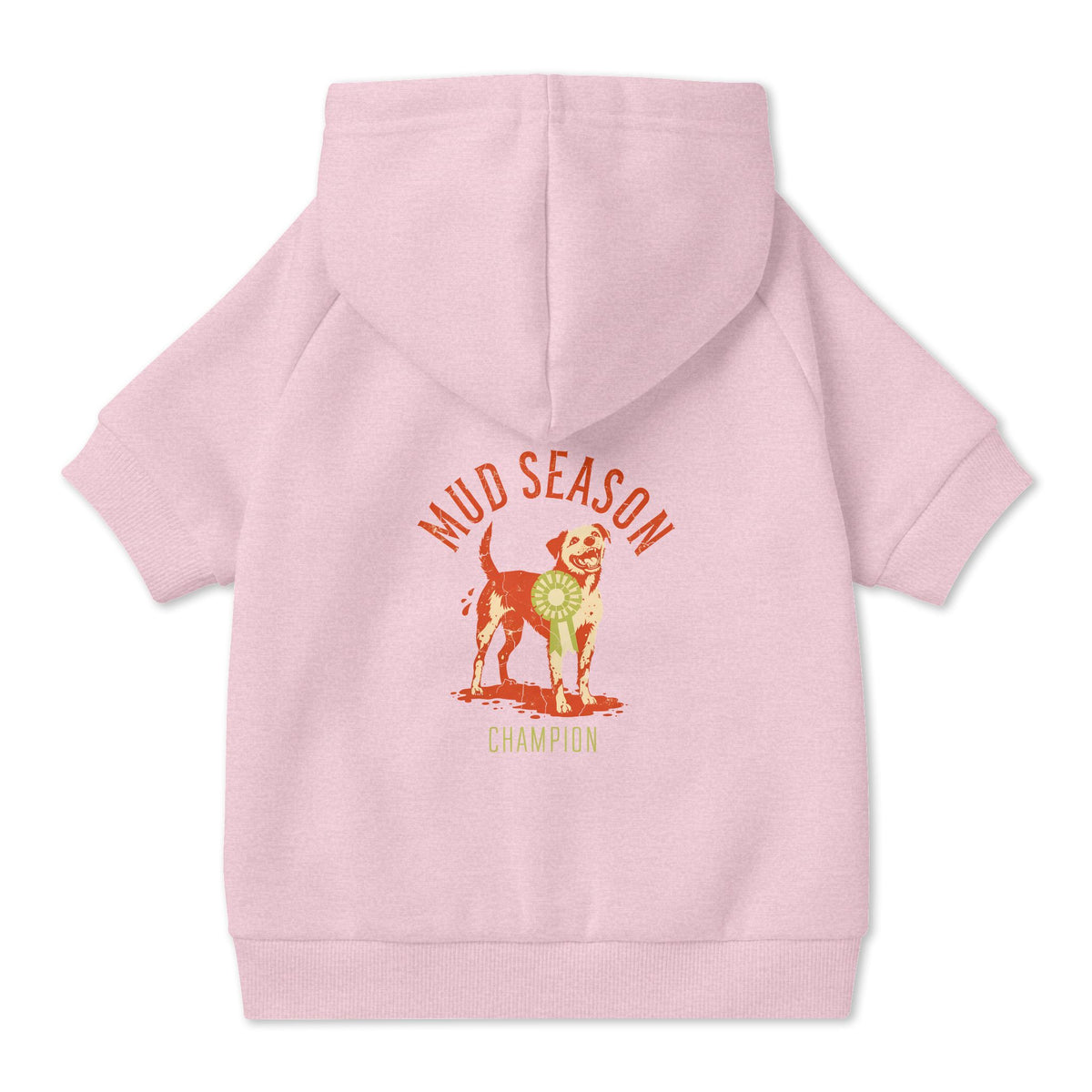 Mud Season Champion Dog Hoodie in Pink, back view — SniffWaggleNWalk™