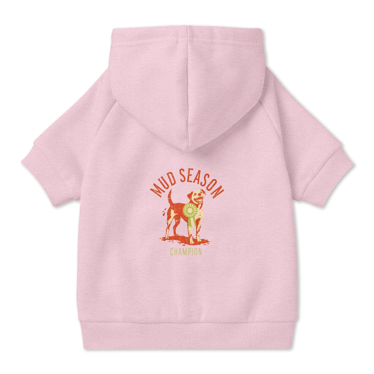Mud Season Champion Dog Hoodie in Pink, back view — SniffWaggleNWalk™