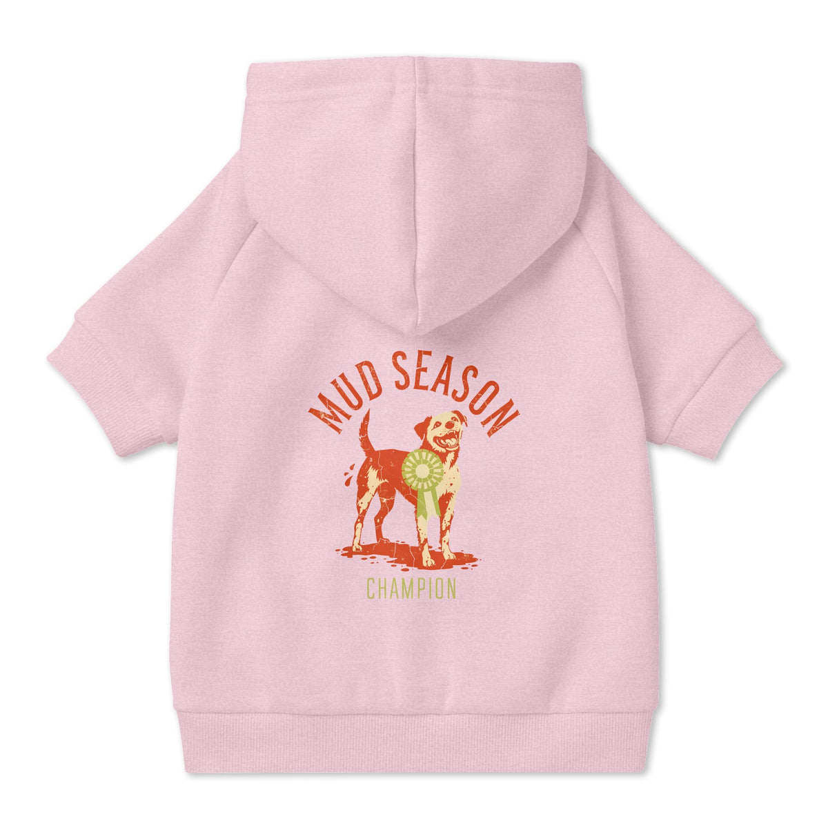 Mud Season Champion Dog Hoodie in Pink, back view — SniffWaggleNWalk™