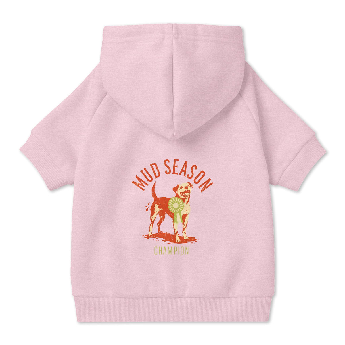 Mud Season Champion Dog Hoodie in Pink, back view — SniffWaggleNWalk™